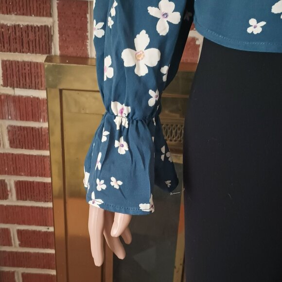 Blue Floral Smocked Ruffle Top M Puffed Sleeves Off Shoulder Blouson Blouse - Picture 8 of 13